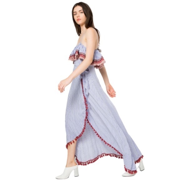 EUC THML Embroidered Blue White Striped Wrap Front Maxi Dress w/ Tassels… - Picture 3 of 11